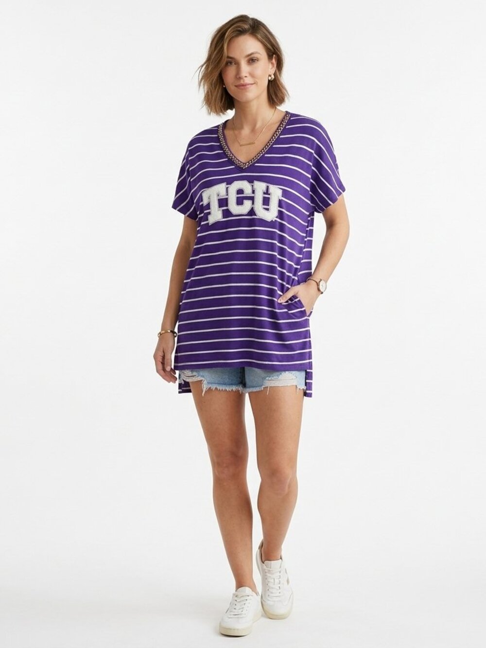 Gameday Couture TCU Horned Frogs White Striped Beaded V Neck Shirt - XL